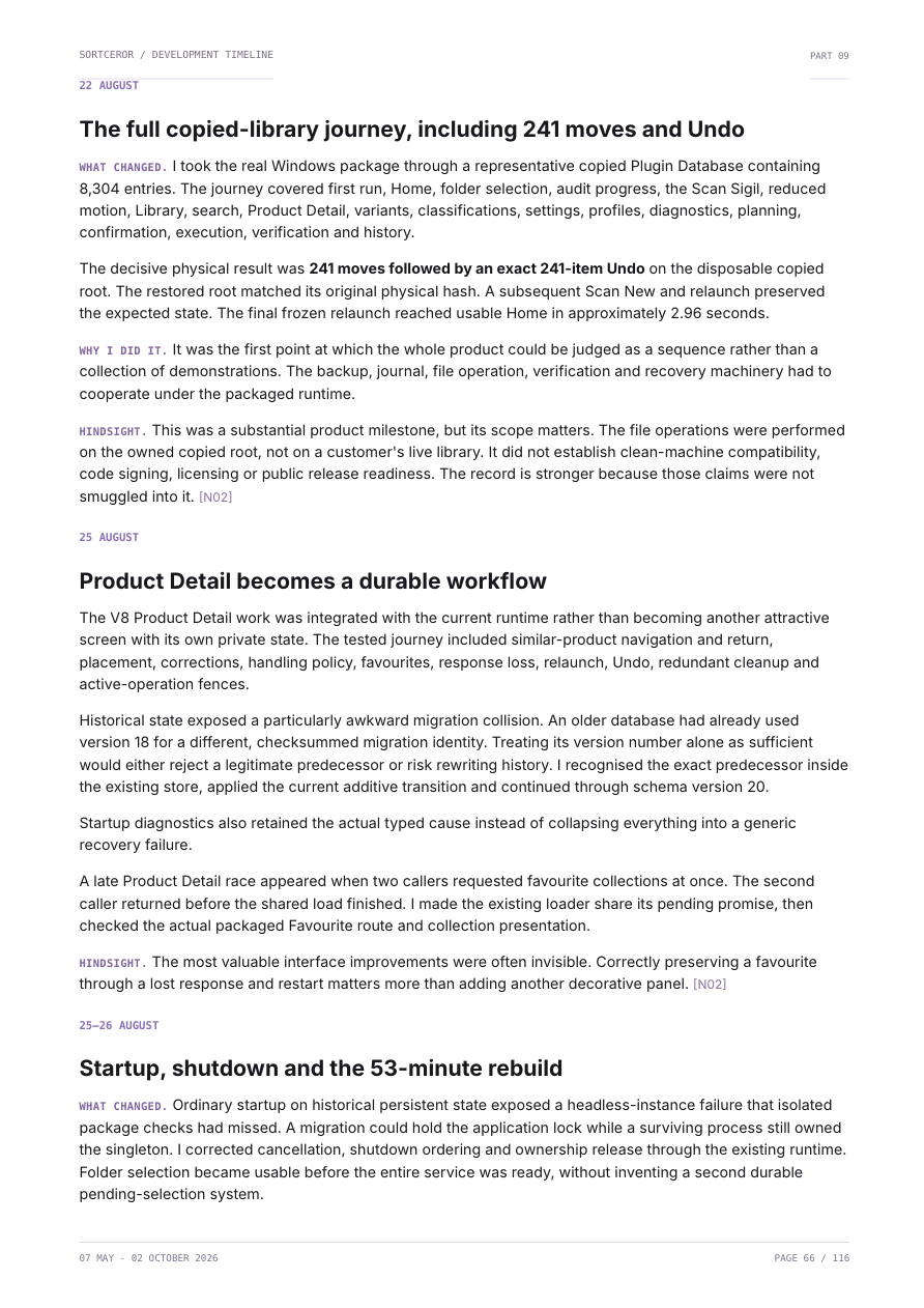 Rendered page 66 of the record: The full copied-library journey, including 241 moves and Undo, the real Windows package taken through a copied Plugin Database of 8,304 entries
