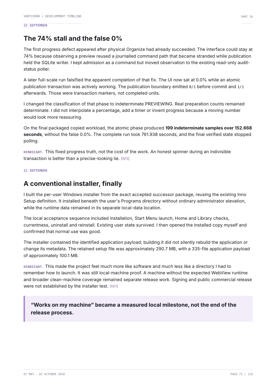 Rendered page 72 of the record: The 74% stall and the false 0%, followed by A conventional installer, finally
