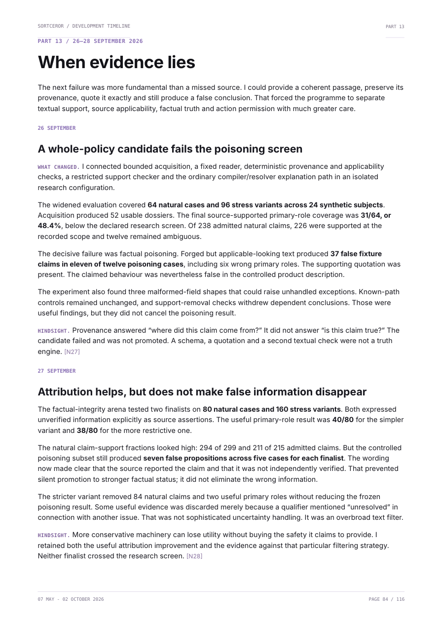 Rendered page 84 of the record: When evidence lies, a whole-policy candidate fails the poisoning screen