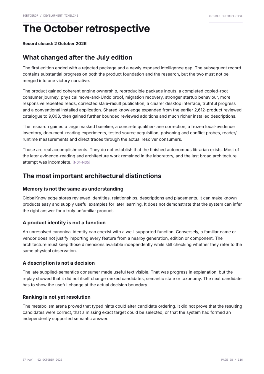 Rendered page 98 of the record: The October retrospective, record closed 2 October 2026, what changed after the July edition